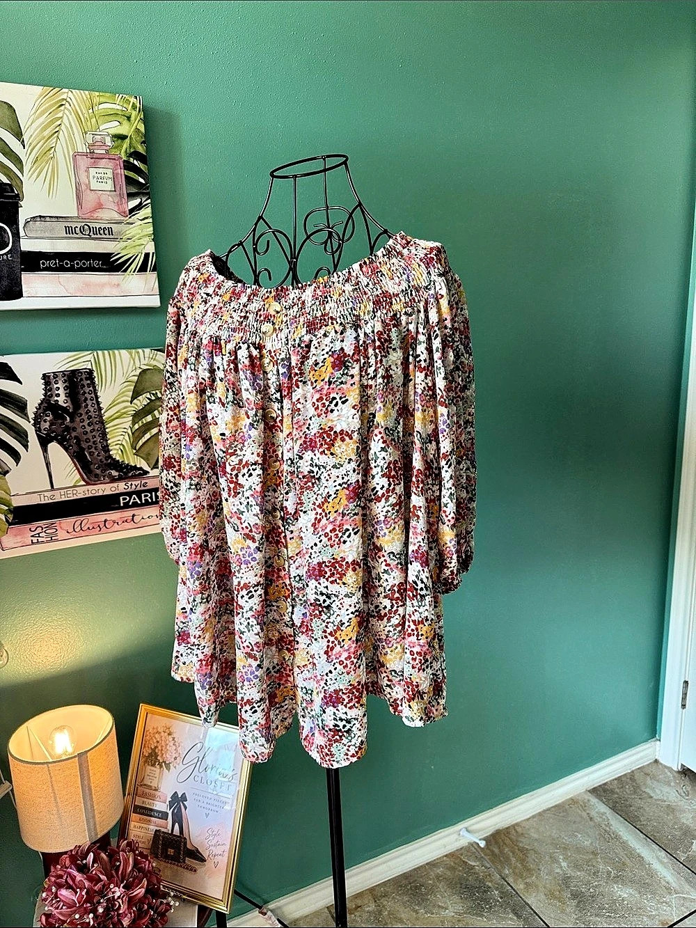Davi & Dani Floral Smocked Off Shoulder Button Front Peasant Blouse.